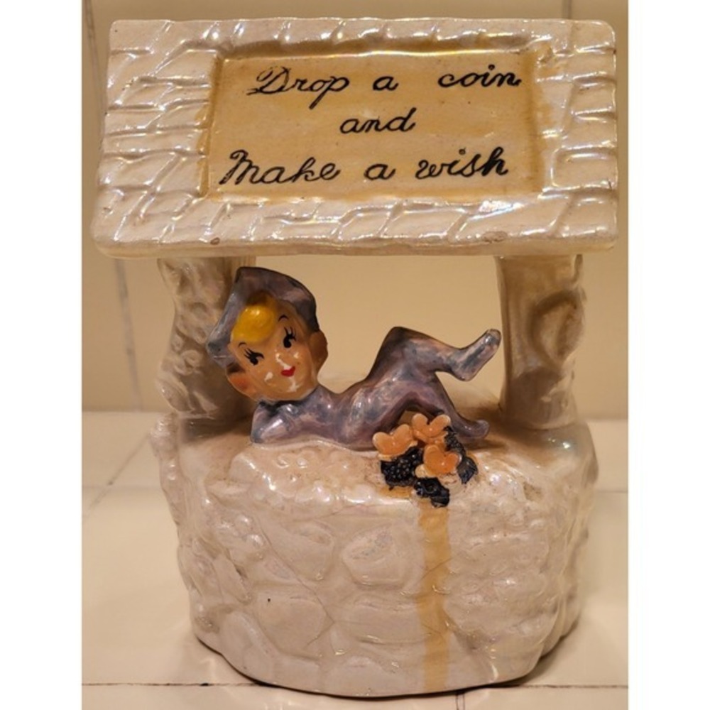 Vintage MCM Pixie wishing Well Coin Bank, EUC, Lusterware Ceramic Japan